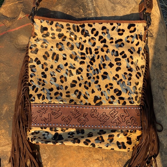 Handbags - Cheetah Acid Wash Cowhide C&C Fringe Purse